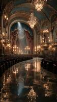 Elegant ornate theater interior with grand chandeliers and plush seating during an evening performance photo