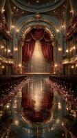 Grand theater interior showcases ornate decor and shining reflections during an enchanting evening performance photo