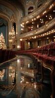 Beautiful theater interior adorned with Christmas decorations and elegant seating photo