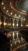 Elegant interior of a grand theater showcasing opulent decor with shimmering chandeliers and reflective floors photo