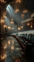Elegant theater interior with ornate chandeliers and polished floor illuminated by soft light in the evening photo