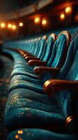 Elegant vintage blue theater seats arranged in a row under warm ambient lighting during a performance night photo