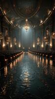 Elegant interior of a grand hall with shimmering water reflections at dusk photo