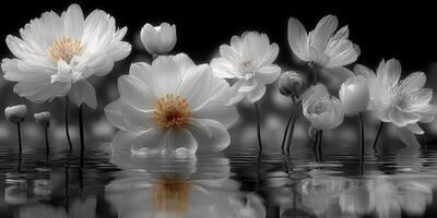 Beautiful white flowers reflecting on calm water surface during peaceful twilight hours photo