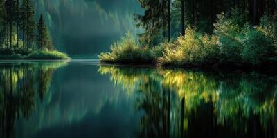 Reflections of a serene lake surrounded by lush greenery at dawn photo