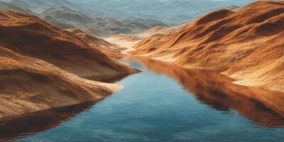 Scenic river flowing through golden hills under a clear blue sky in a tranquil landscape photo