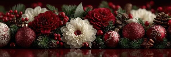 Festive holiday centerpiece featuring red and white flowers, ornaments, and pine accents on a deep red background photo