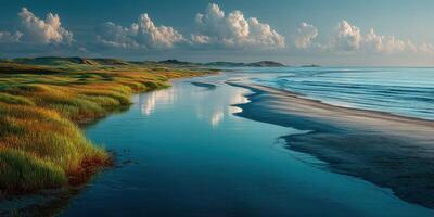 Scenic view of a tranquil coast with gentle waves and lush green landscape at sunset photo