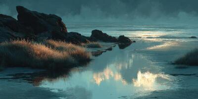 Picturesque coastal landscape reflecting clouds at dawn with rocky formations and tranquil water photo