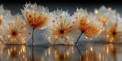 Delicate flowers with golden details illuminated by soft lights create a serene atmosphere in a tranquil setting photo