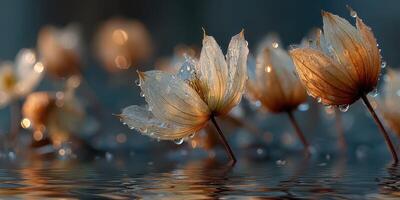 Delicate flowers with water droplets reflecting soft light in a tranquil setting during early morning hours photo