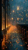 Rain-soaked street illuminated by warm lights creates a magical atmosphere during evening hours photo