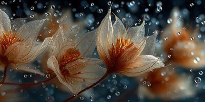 Delicate flowers emerge through raindrops in a tranquil natural setting during twilight hours photo