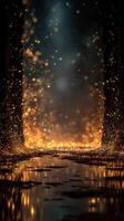 Shimmering golden lights illuminate a dark path with reflections and an ethereal ambiance photo