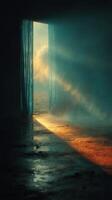 Sunlight streaming through a curtain reveals a serene view of water and mist in a tranquil room setting photo