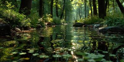 Serenity of a forest stream surrounded by lush greenery on a tranquil summer day photo