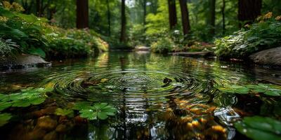 Serenity in a Forest Stream Surrounded by Lush Greenery During a Sunny Afternoon photo