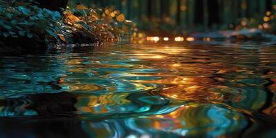 Water reflects autumn colors in a tranquil forest setting at dusk near a serene stream photo