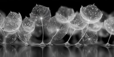 Beautiful clusters of translucent leaves with water droplets on a dark background creating an ethereal ambiance photo