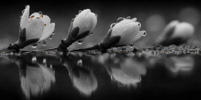 Delicate flowers with dew drops reflecting on still water at dawn in black and white photo