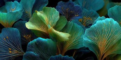 Colorful ginkgo leaves create an intricate pattern in shades of teal and green against a dark background photo