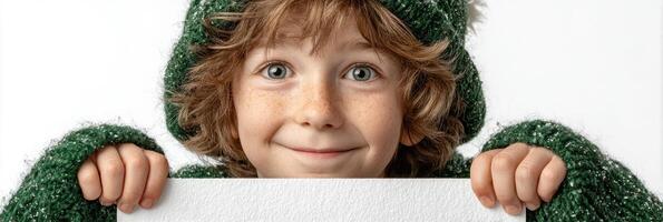 Young child with curly hair wearing green sweater holds blank sign and smiles joyfully against a plain background photo