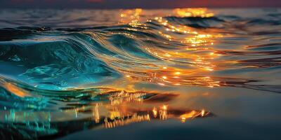 Waves shimmering under sunset light reflecting hues of blue and gold over calm water surface photo