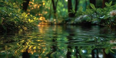 Reflections on a tranquil forest stream bathed in soft golden light during a peaceful morning photo