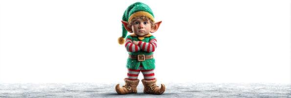 Cute elf character stands confidently with arms crossed, wearing festive outfit, against a white background photo