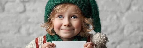 Child wearing green hat and sweater smiles joyfully while holding blank card against white brick background in winter setting photo