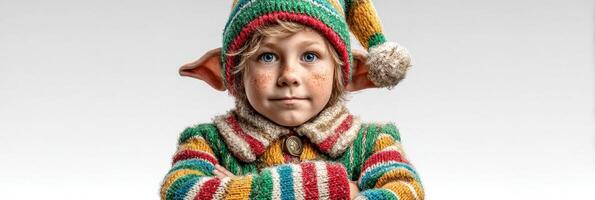 Cute child elf with colorful striped sweater and adorable hat posing for a festive portrait in a cheerful setting photo