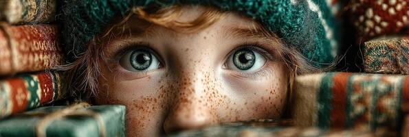 Child with bright eyes gazes from behind colorful wrapped gifts in cozy setting during winter season photo