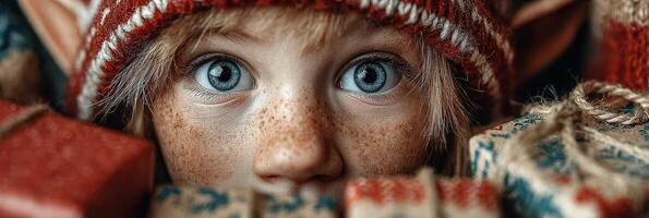 Child with blue eyes surrounded by colorful wrapped gifts during a festive holiday season photo