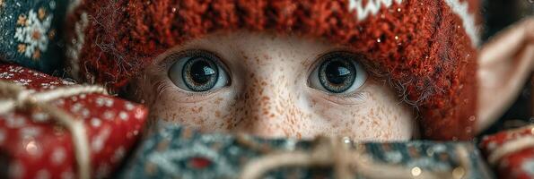 Cute child with freckles peeking over colorful holiday presents while wearing a knitted red hat during winter season photo