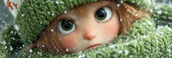 Adorable child character in winter attire with large expressive eyes and a cozy green scarf during a snowfall photo