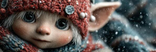 Charming fantasy creature with big eyes and winter attire in a snowy forest setting photo