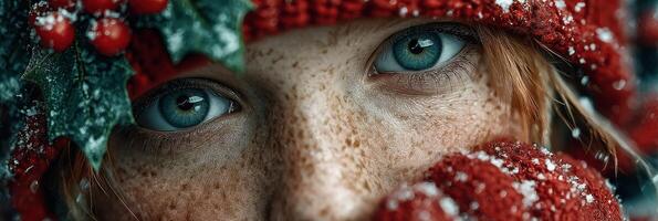 Portrait of a young girl with sparkling blue eyes and freckles, wearing a red knitted hat adorned with holly leaves in winter photo