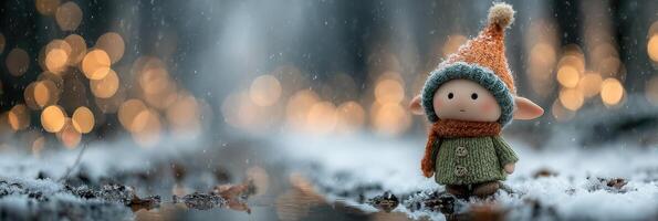 Charming winter scene with a small elfin figure standing in snow near sparkling lights photo