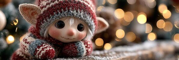 Charming little doll wearing a winter hat poses cheerfully in a cozy holiday setting filled with warm lights photo