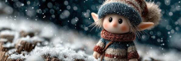 Delightful winter elf character standing on snowy ground against a blurred winter forest background photo
