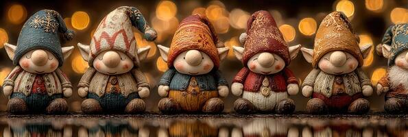 Charming holiday gnomes lined up with colorful hats and cheerful expressions glowing against a festive backdrop photo