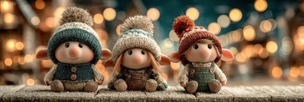 Three festive gnome figurines in cozy hats celebrate the holiday season with warm smiles in a twinkling light setting photo