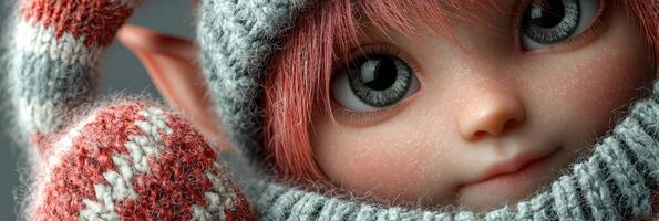 Cute elf character with vibrant eyes dressed in cozy winter attire holds candy cane, showcasing enchanting holiday spirit photo