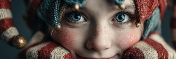 Child dressed in colorful festive costume with vibrant eyes and playful expression at a celebration photo