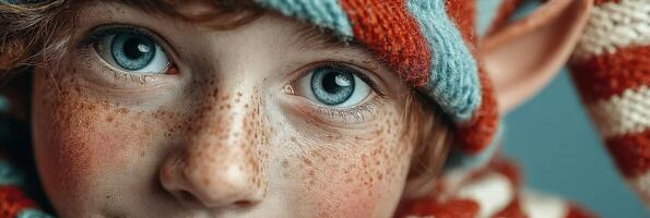 Young child with striking blue eyes and whimsical hat poses for a portrait against a soft background photo