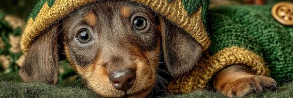 Cute dachshund puppy wearing a green sweater rests comfortably on soft fabric indoors photo