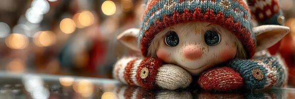 Cute holiday elf figure with colorful knitted hat and mittens in festive setting photo