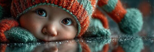 niño con grande ojos vistiendo un naranja y verde azulado tejer sombrero descansando barbilla en manos en Nevado ambiente durante invierno foto