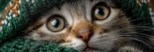 Cat wrapped in cozy blanket showcasing striking blue-green eyes during a chilly winter afternoon photo