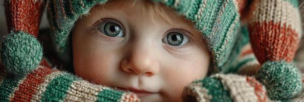 Sweet child with green eyes wearing festive hat and gloves in cozy indoor setting during winter season photo